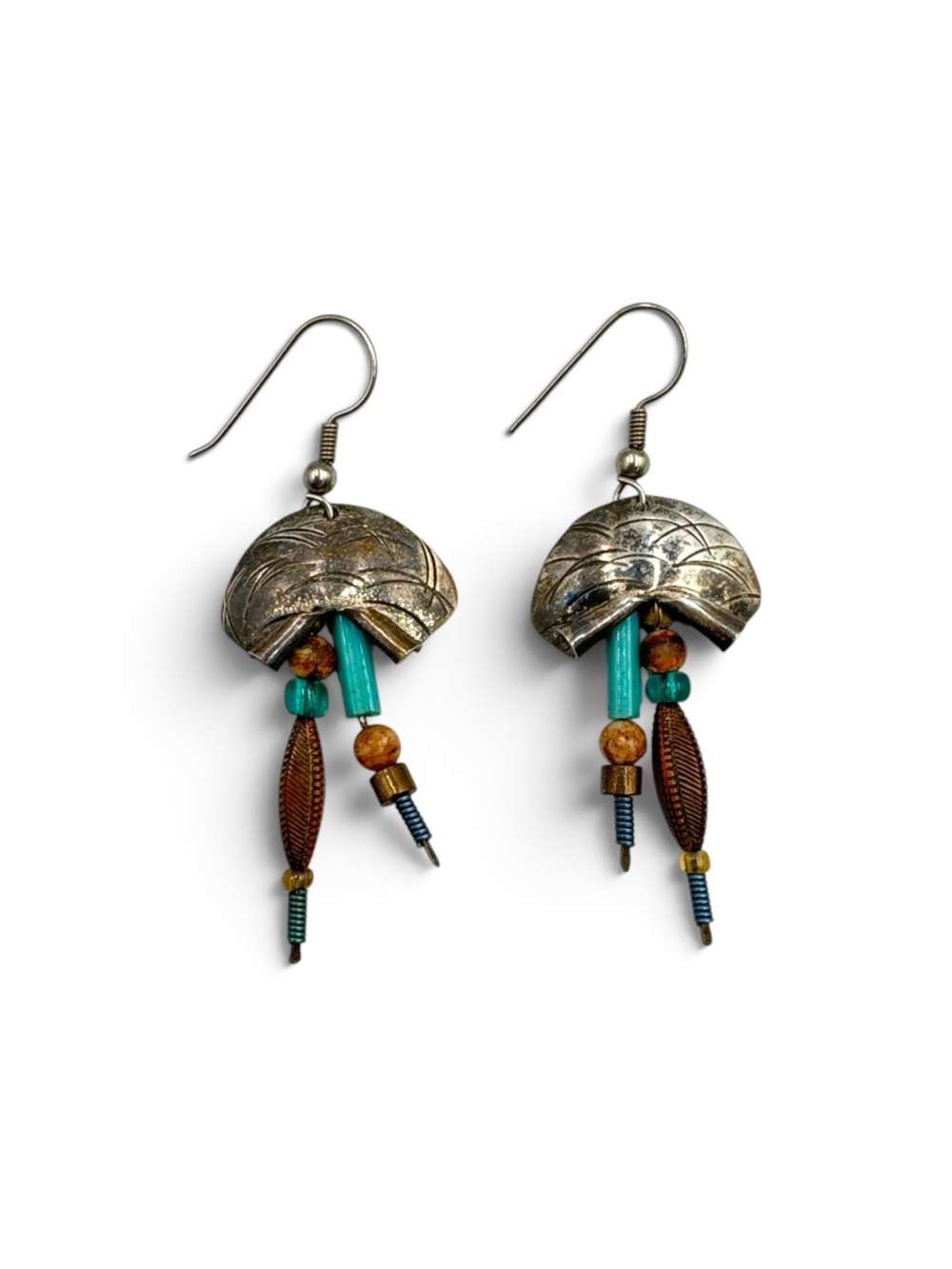 Vintage Sterling Silver Mixed Media Beaded Artisan Dangle Earrings 2.5”